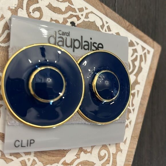 Carol Dauplaise NWT Round Clip-On Earrings Navy Blue and Gold - Bold and Elegant - Picture 2 of 5